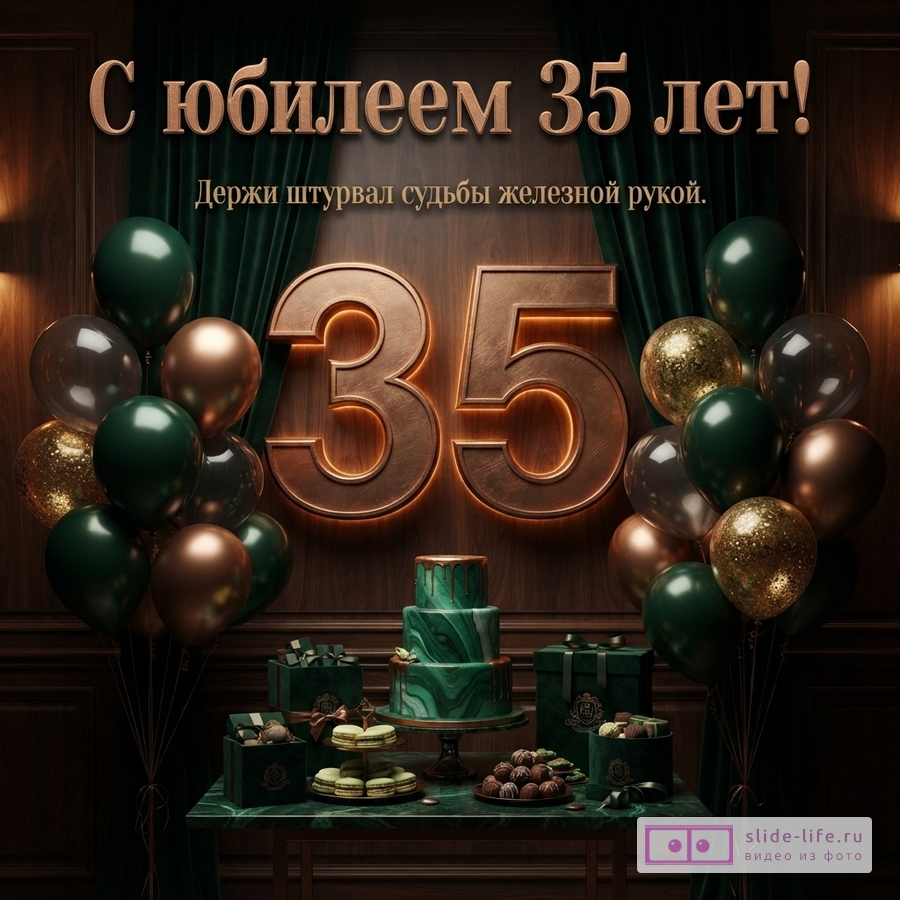 Объемная цифра 35 с подсветкой, праздничный торт, подарки и шары темно-зеленых и бронзовых тонов с текстом «С юбилеем 35 лет! Держи штурвал судьбы железной рукой.»