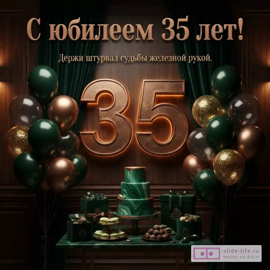 Объемная цифра 35 с подсветкой, праздничный торт, подарки и шары темно-зеленых и бронзовых тонов с текстом «С юбилеем 35 лет! Держи штурвал судьбы железной рукой.»