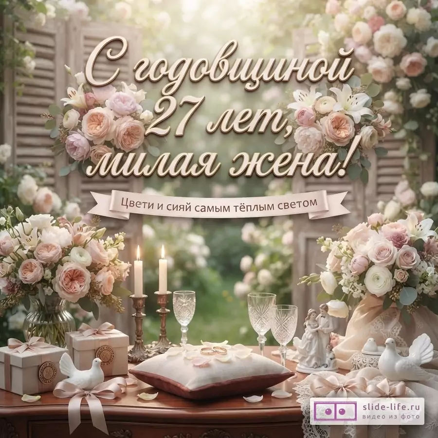 Открытка с бежевым фоном, цветами, свечами и подарками. Текст: «С годовщиной 27 лет, милая жена! Цвети и сияй самым тёплым светом.»