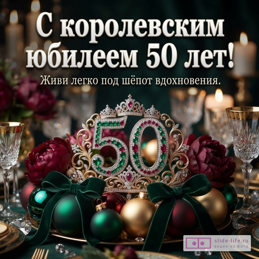 Открытка с текстом «С королевским юбилеем 50 лет! Живи легко под шёпот вдохновения.» на тёмно-зелёном фоне с праздничной сервировкой стола, свечами, бокалами, цветами и декоративной цифрой «50» в короне из драгоценных камней.