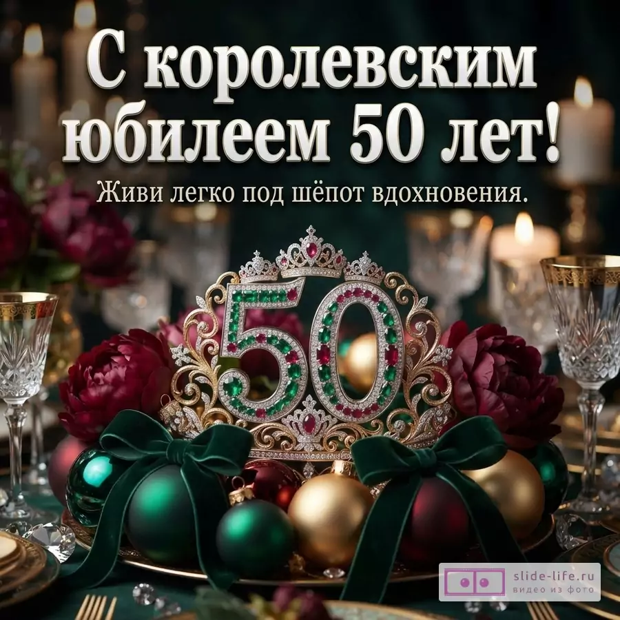 Открытка с текстом «С королевским юбилеем 50 лет! Живи легко под шёпот вдохновения.» на тёмно-зелёном фоне с праздничной сервировкой стола, свечами, бокалами, цветами и декоративной цифрой «50» в короне из драгоценных камней.
