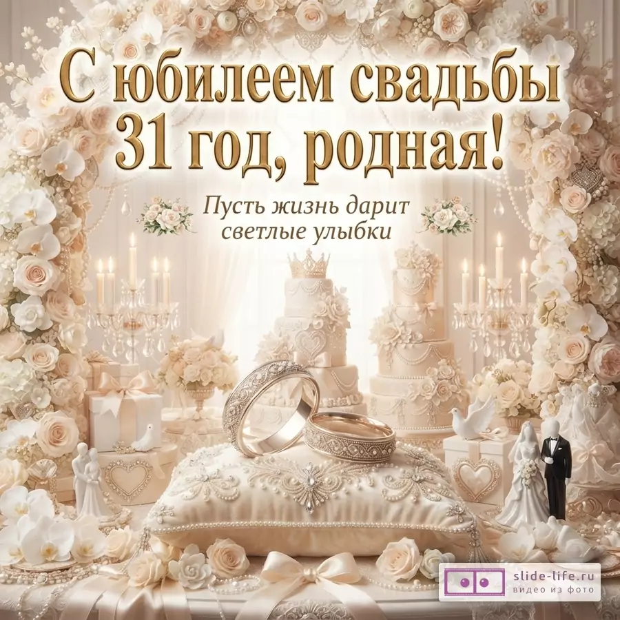 Бежево-золотая свадебная открытка с цветами, короной, кольцами, тортом и текстом «С юбилеем свадьбы 31 год, родная! Пусть жизнь дарит светлые улыбки.»