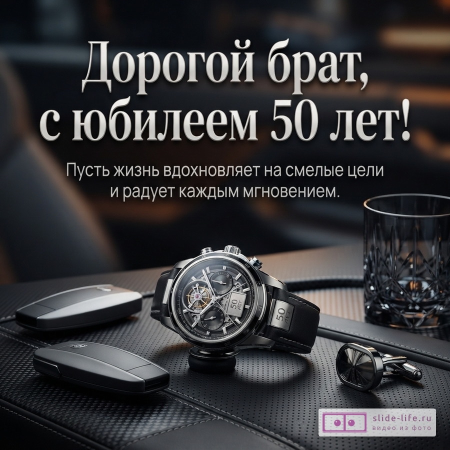 Открытка на темном фоне с изображением часов, запонок и ключей от машины. Текст: «Дорогой брат, с юбилеем 50 лет! Пусть жизнь вдохновляет на смелые цели и радует каждым мгновением.»