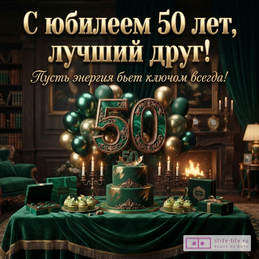 Открытка с юбилеем 50 лет, фон темный, золотые буквы, зеленые и золотые шары, торт. Текст: «С юбилеем 50 лет, лучший друг! Пусть энергия бьет ключом всегда!»
