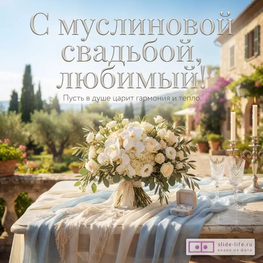 Фон с пейзажем, на переднем плане стол с букетом цветов, свечами, бокалами и кольцами. Текст: «С муслиновой свадьбой, любимый! Пусть в душе царит гармония и тепло.»