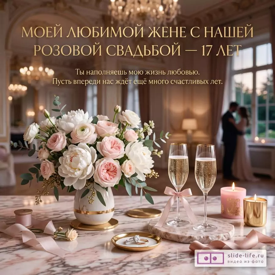 Бежево-розовый интерьер, мраморный стол, букет белых и нежно-розовых цветов, два бокала, свечи, кольцо, лента; текст: «МОЕЙ ЛЮБИМОЙ ЖЕНЕ С НАШЕЙ РОЗОВОЙ СВАДЬБОЙ — 17 ЛЕТ»