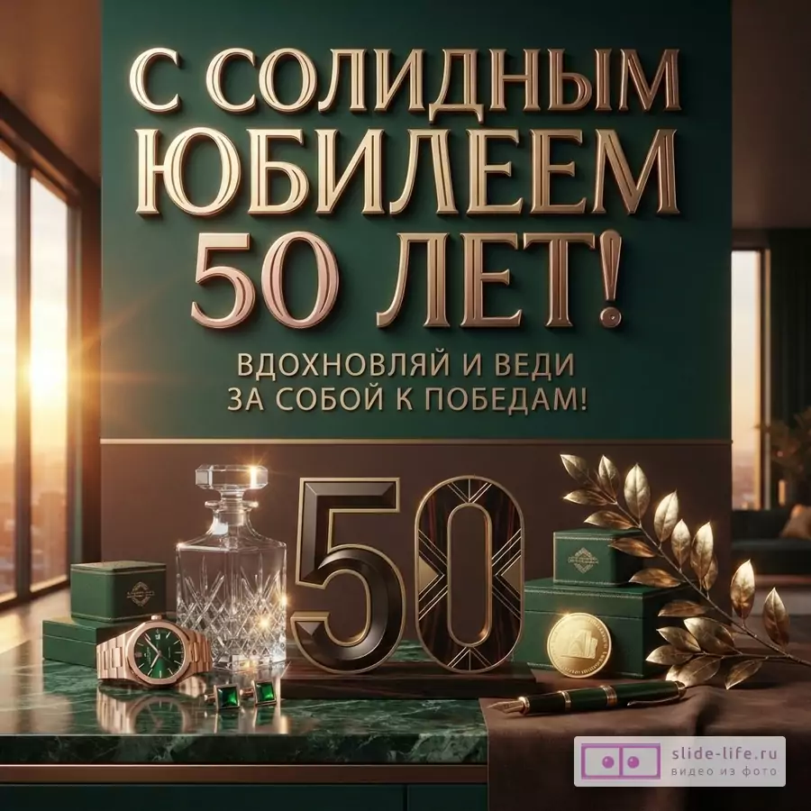 Стильная открытка мужчине на юбилей 50 лет с пожеланием вести к победам