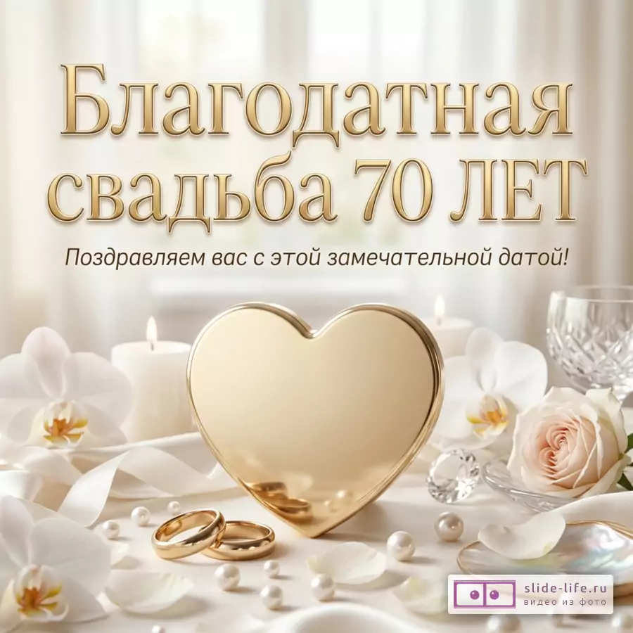 Светлый бежево-белый фон, золотая надпись «Благодатная свадьба 70 лет Поздравляем вас с этой замечательной датой!», золотое сердце, обручальные кольца, белые орхидеи, роза, свечи, жемчуг, бокал