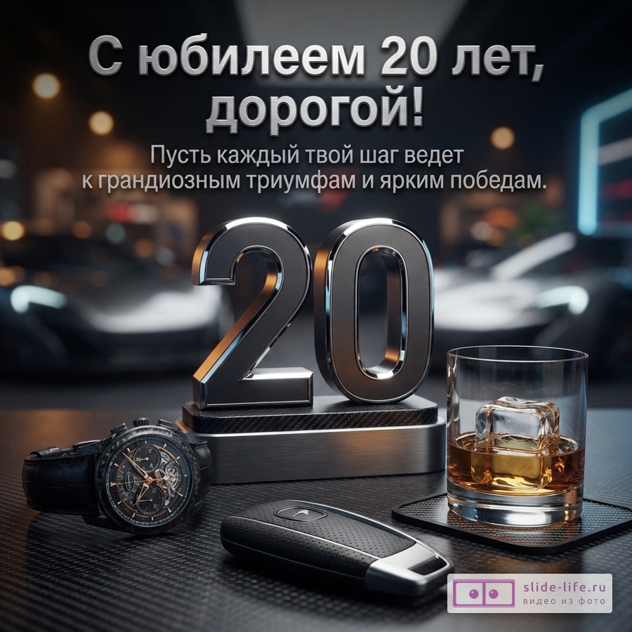 Стильная открытка с темным фоном, металлическими цифрами 20, часами, бокалом виски и автомобильным ключом. Текст: «С юбилеем 20 лет, дорогой! Пусть каждый твой шаг ведет к грандиозным триумфам и ярким победам.»