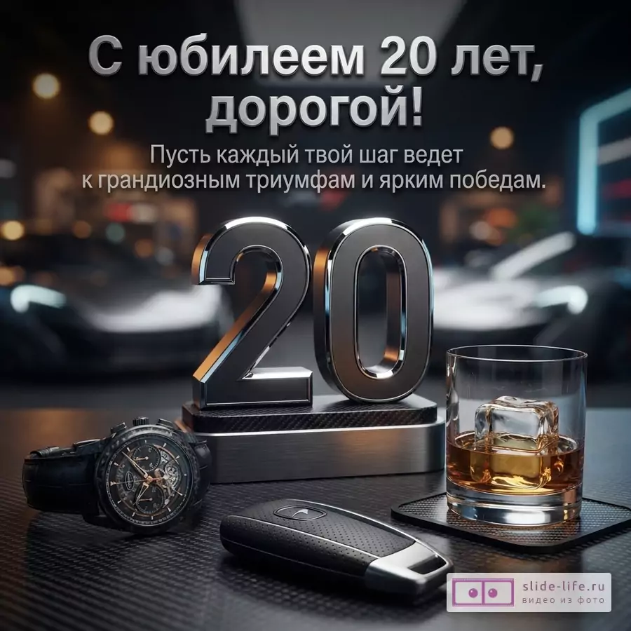 Стильная открытка с темным фоном, металлическими цифрами 20, часами, бокалом виски и автомобильным ключом. Текст: «С юбилеем 20 лет, дорогой! Пусть каждый твой шаг ведет к грандиозным триумфам и ярким победам.»