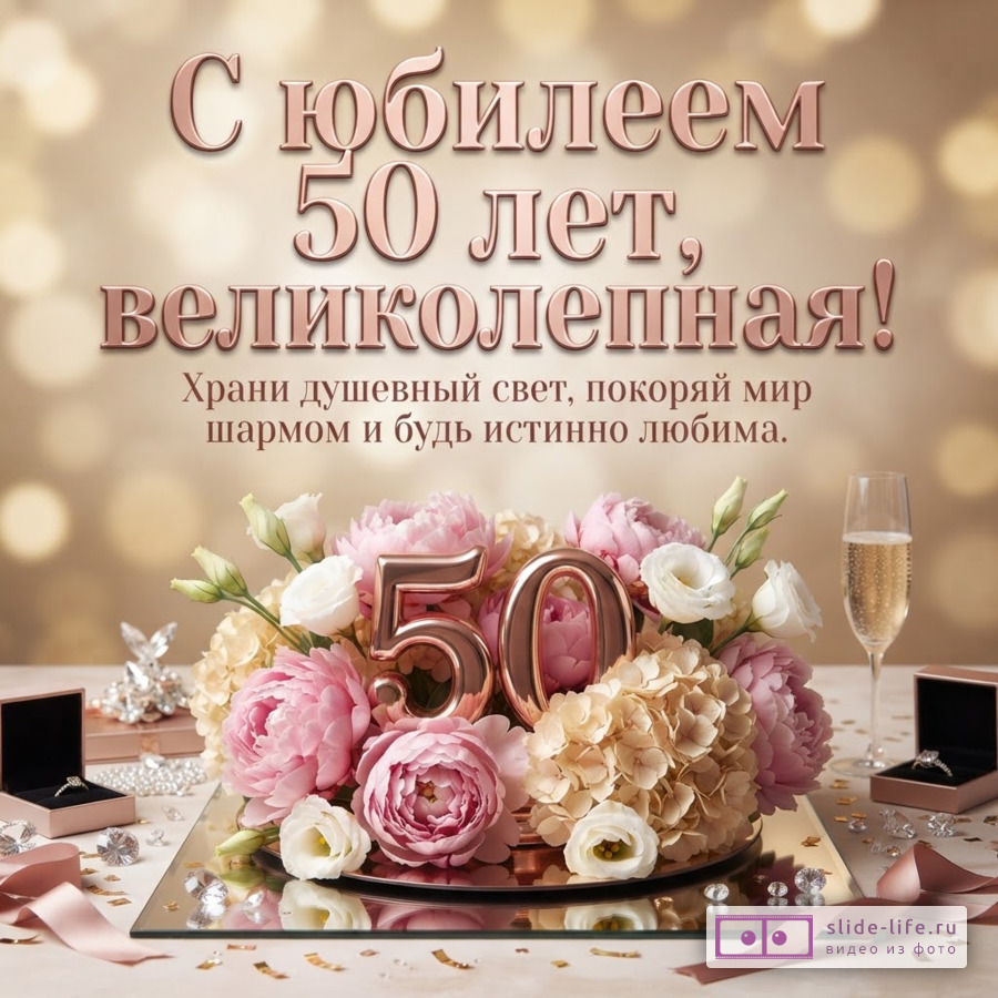 Открытка с бежевым фоном, розовыми и белыми цветами, цифрами «50», бокалом шампанского, кольцами. Текст: «С юбилеем 50 лет, великолепная! Храни душевный свет, покоряй мир шармом и будь истинно любима.»