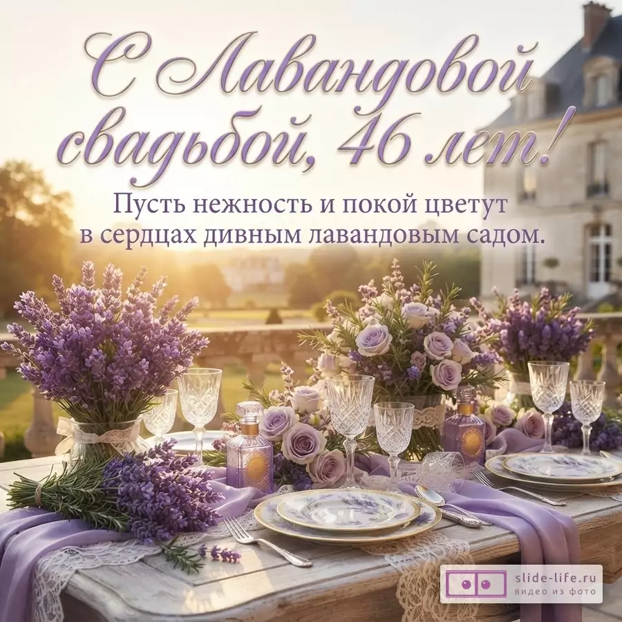 Открытка с лавандовой свадьбой на фоне старинного замка, на переднем плане сервированный стол с лавандовыми цветами. Текст: «С Лавандовой свадьбой, 46 лет! Пусть нежность и покой цветут в сердцах дивным лавандовым садом.»