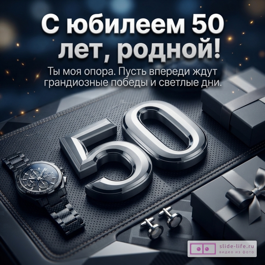 Темно-синий фон с бликами, на переднем плане черная кожаная поверхность. На ней лежат часы, запонки, две подарочные коробки и объемные цифры «50». Текст: «С юбилеем 50 лет, родной! Ты моя опора. Пусть впереди ждут грандиозные победы и светлые дни.»