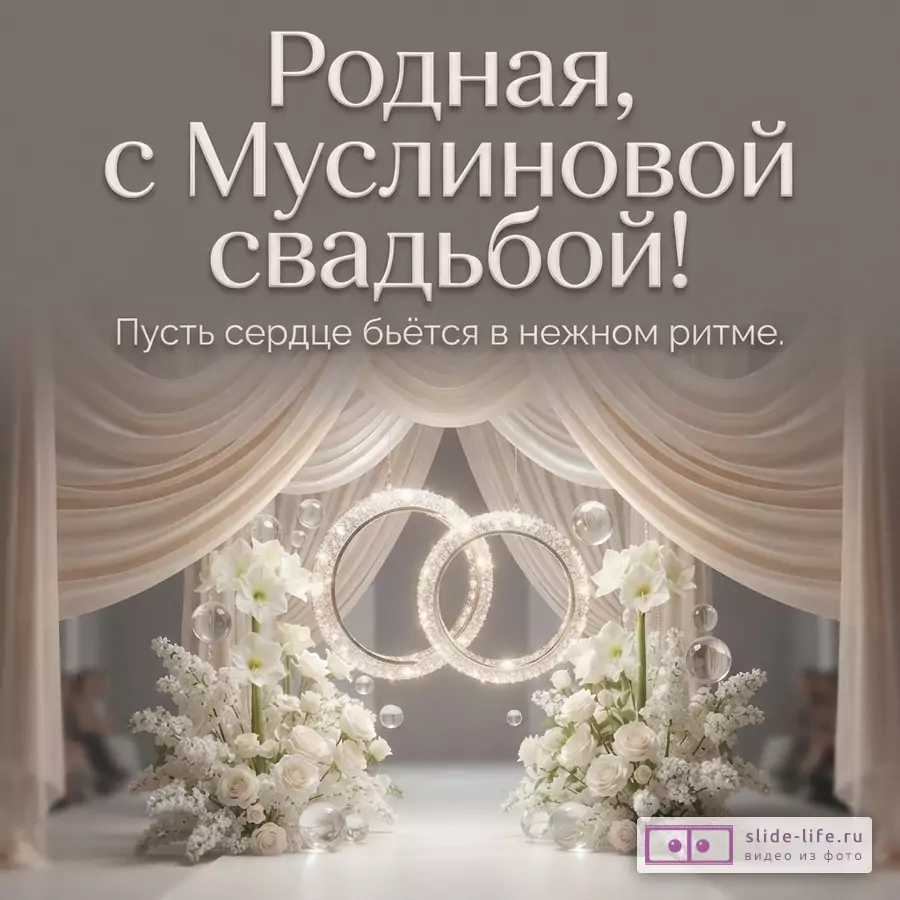 Серый фон, бежевые шторы, два светящихся кольца, белые цветы, прозрачные шары. Текст: «Родная, с Муслиновой свадьбой! Пусть сердце бьётся в нежном ритме.»