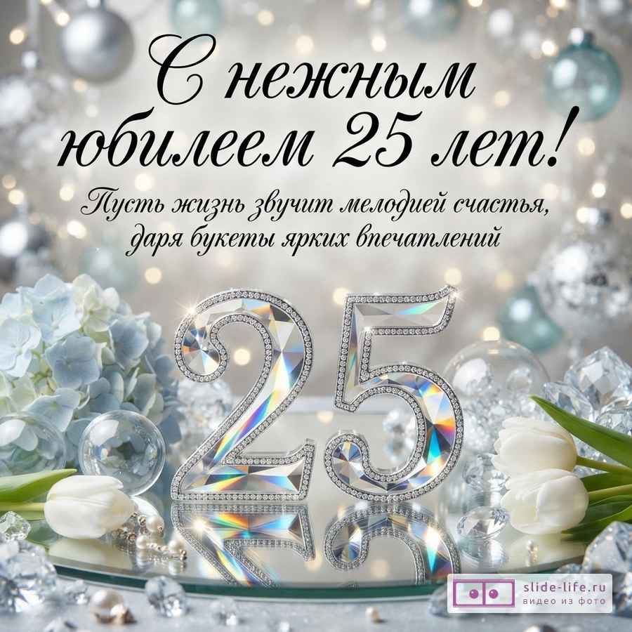 Хрустальная цифра 25 в окружении белых тюльпанов и кристаллов на светлом фоне с боке и текстом «С нежным юбилеем 25 лет!»
