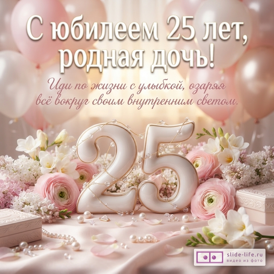 Объемная цифра 25 среди розовых ранункулюсов, сирени и воздушных шаров с текстом: «С юбилеем 25 лет, родная дочь! Иди по жизни с улыбкой, озаряя всё вокруг своим внутренним светом.»