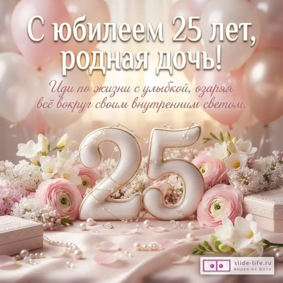 Объемная цифра 25 среди розовых ранункулюсов, сирени и воздушных шаров с текстом: «С юбилеем 25 лет, родная дочь! Иди по жизни с улыбкой, озаряя всё вокруг своим внутренним светом.»