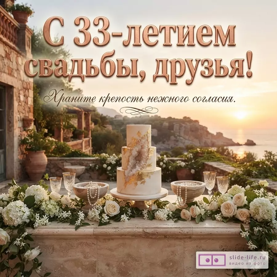 Открытка с бежевым фоном, на переднем плане стол с белым тортом, цветами и бокалами. Текст «С 33-летием свадьбы, друзья! Храните крепость нежного согласия.»
