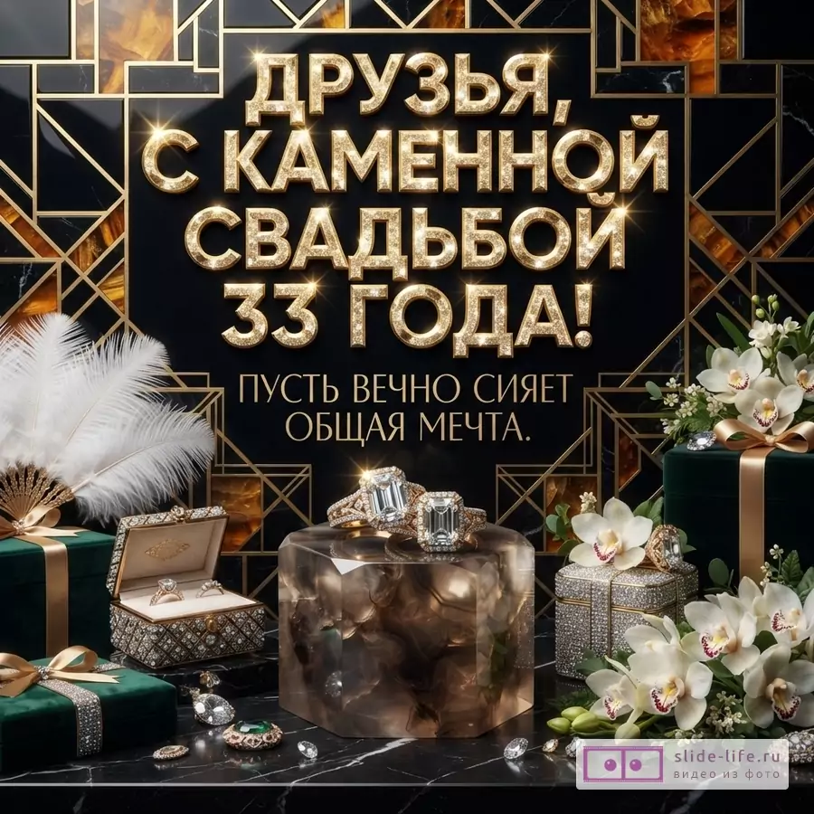 Черный фон с золотыми геометрическими узорами, золотой текст «Друзья, с каменной свадьбой 33 года! Пусть вечно сияет общая мечта.», белые перья, зеленые подарочные коробки, шкатулка с кольцами, кольца с бриллиантами, белые орхидеи.