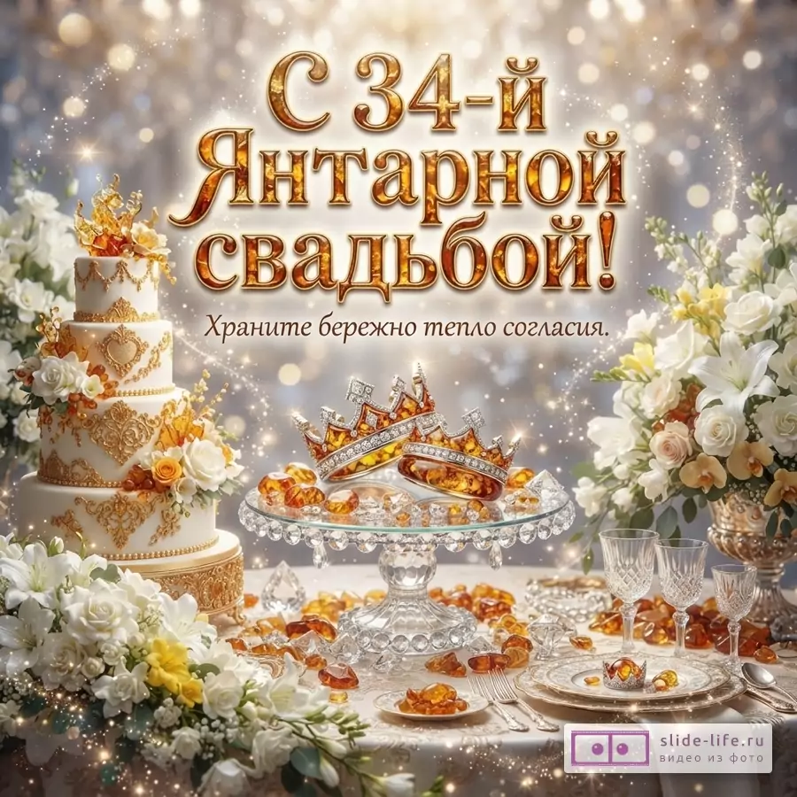 Фон с золотистыми бликами, белый торт с золотым декором, две золотые короны с янтарем, букеты белых и желтых цветов, сервированный стол. Текст: «С 34-й Янтарной свадьбой! Храните бережно тепло согласия.»