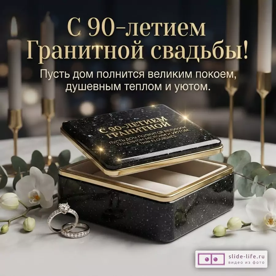 Шкатулка из черного гранита с золотой окантовкой, кольца, свечи и текст «С 90-летием Гранитной свадьбы! Пусть дом полнится великим покоем, душевным теплом и уютом.»