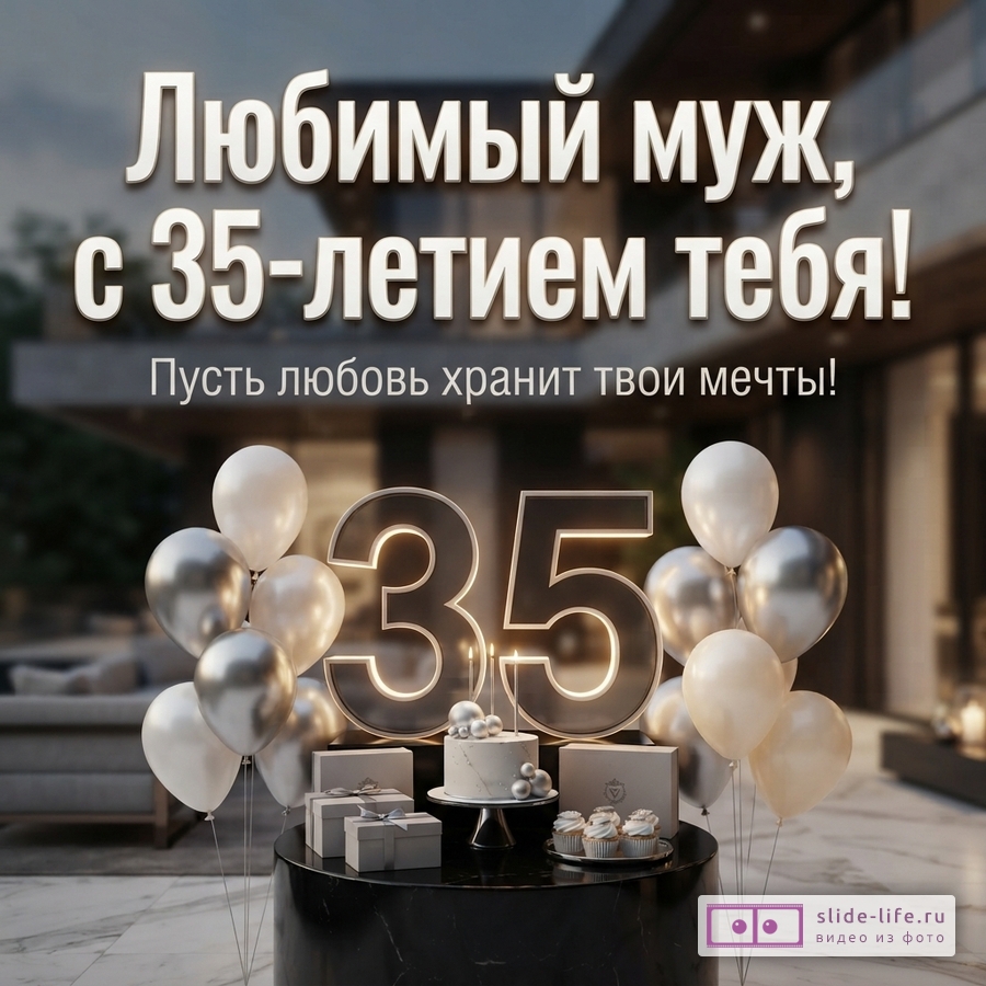 Большая светящаяся цифра 35 на черном круглом столе с тортом, капкейками, подарками и шарами на фоне дома с текстом «Любимый муж, с 35-летием тебя! Пусть любовь хранит твои мечты!»