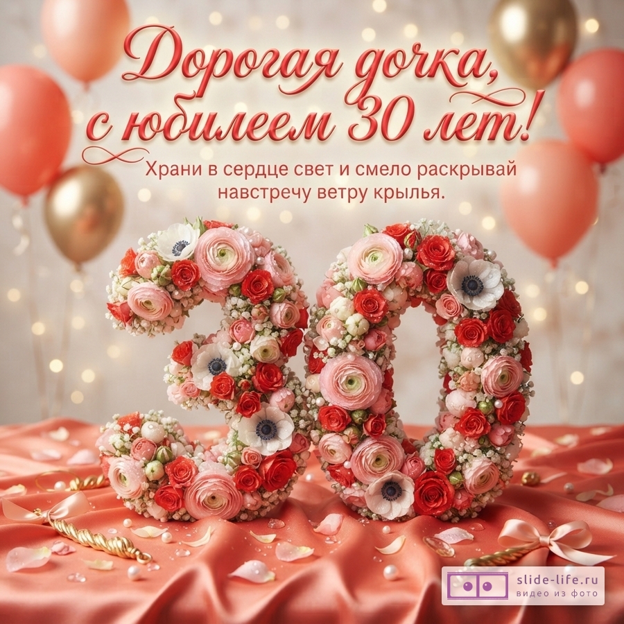 Объемная цифра 30 из розовых роз и анемонов на фоне воздушных шаров и текст «Дорогая дочка, с юбилеем 30 лет! Храни в сердце свет и смело раскрывай навстречу ветру крылья.»