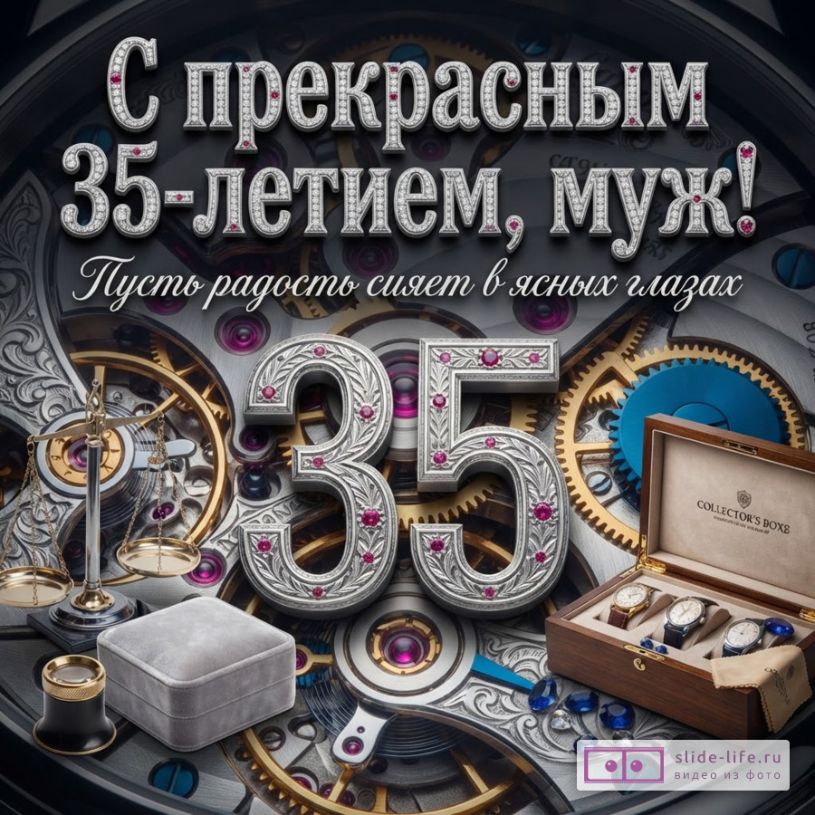 Открытка на тёмном фоне с серебряными надписями «С прекрасным 35-летием, муж! Пусть радость сияет в ясных глазах», крупным числом 35, шестерёнками, часами и украшениями