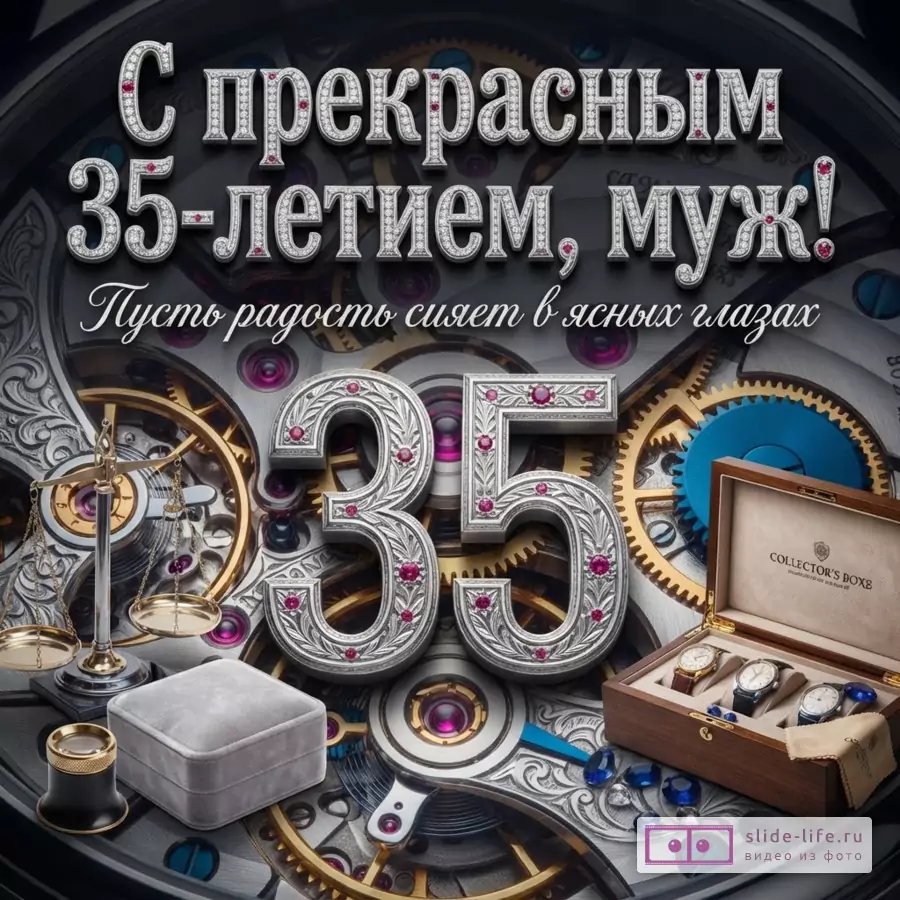 Открытка на тёмном фоне с серебряными надписями «С прекрасным 35-летием, муж! Пусть радость сияет в ясных глазах», крупным числом 35, шестерёнками, часами и украшениями