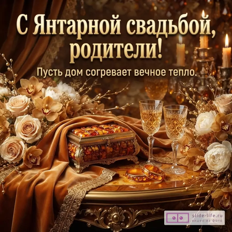 Фон коричневый, золотистый. На переднем плане стол с янтарной шкатулкой, двумя бокалами с напитком, цветами и янтарными кольцами. Текст: «С Янтарной свадьбой, родители! Пусть дом согревает вечное тепло.»