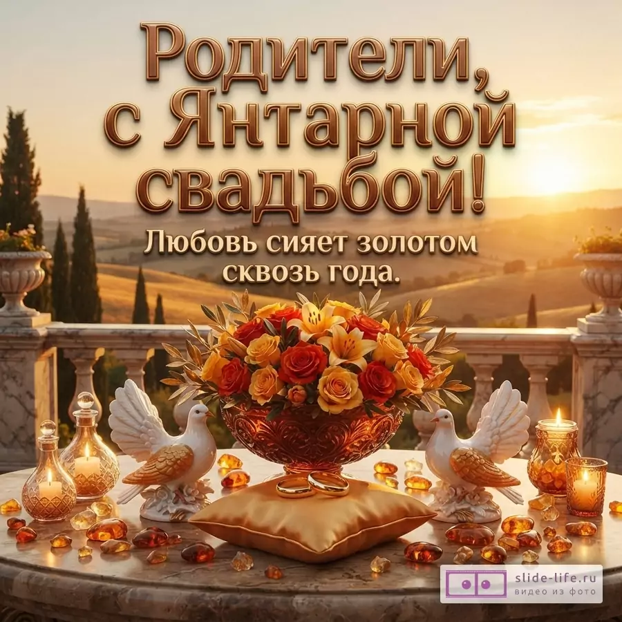 Открытка с янтарной свадьбой. На фоне заката и пейзажа Тосканы, на мраморном столе стоит ваза с цветами, две белые голубки, свечи, янтарь и обручальные кольца на подушечке. Текст: «Родители, с Янтарной свадьбой! Любовь сияет золотом сквозь года.»