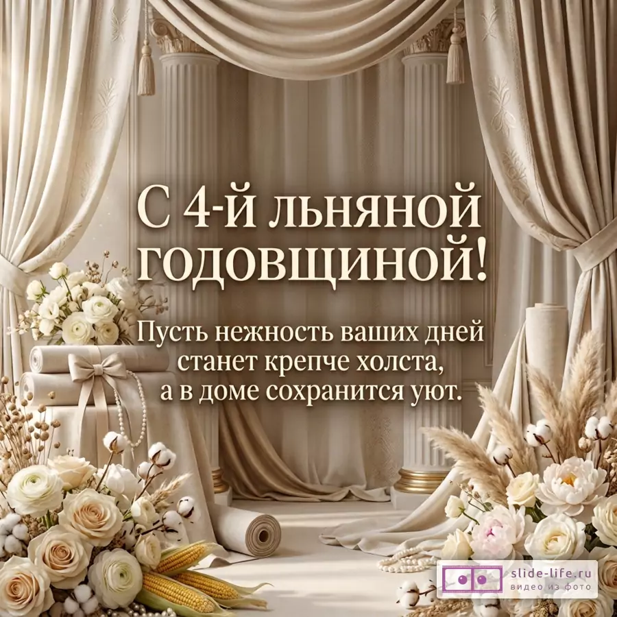 Бежево-кремовая открытка с драпировками, колоннами, букетами роз, хлопком и колосьями, текст «С 4-й льняной годовщиной! Пусть нежность ваших дней станет крепче холста, а в доме сохранится уют.»