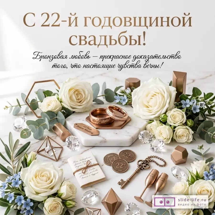 Светлый мраморный фон, белые розы, бронзовые кольца, ключ и бокалы; текст «С 22-й годовщиной свадьбы! Бронзовая любовь — прекрасное доказательство того, что настоящие чувства вечны!»
