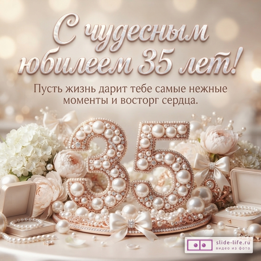 Объемная цифра 35 из жемчуга среди белых цветов и коробочек с украшениями с текстом «С чудесным юбилеем 35 лет! Пусть жизнь дарит тебе самые нежные моменты и восторг сердца.»