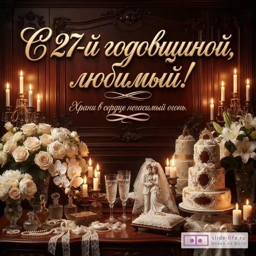 Открытка с годовщиной на темно-коричневом фоне. В центре золотой текст «С 27-й годовщиной, любимый! Храни в сердце негасимый огонь.». По бокам свечи, цветы, свадебный торт и статуэтки жениха и невесты.