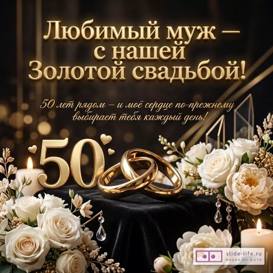 Темный черно-золотой фон, золотые кольца, белые розы и свечи. Текст: «Любимый муж — с нашей Золотой свадьбой!», «50 лет рядом — и моё сердце по-прежнему выбирает тебя каждый день!»