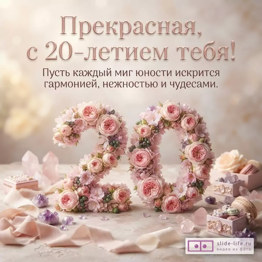 Объемная цифра 20 из розовых пионовидных роз, кристаллы и ленты на светлом фоне с надписью «Прекрасная, с 20-летием тебя! Пусть каждый миг юности искрится гармонией, нежностью и чудесами.»