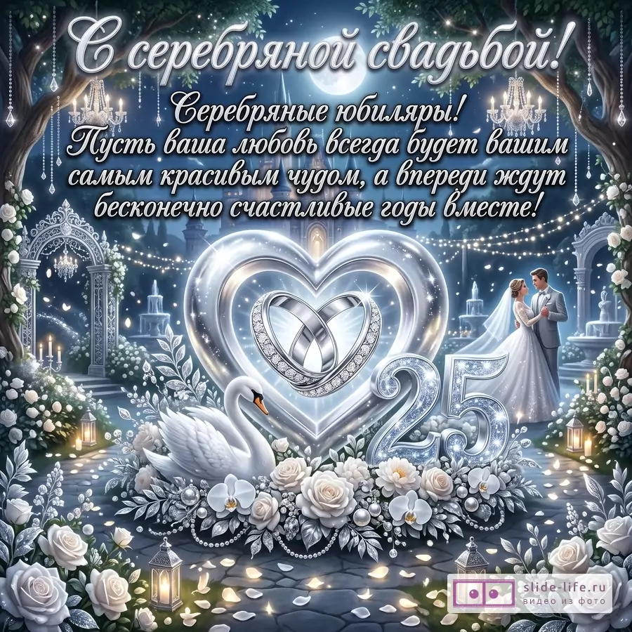 Темно-синий и серебристый фон, сердце, кольца, число 25, лебедь, цветы, жених и невеста. «С серебряной свадьбой! Серебряные юбиляры!»