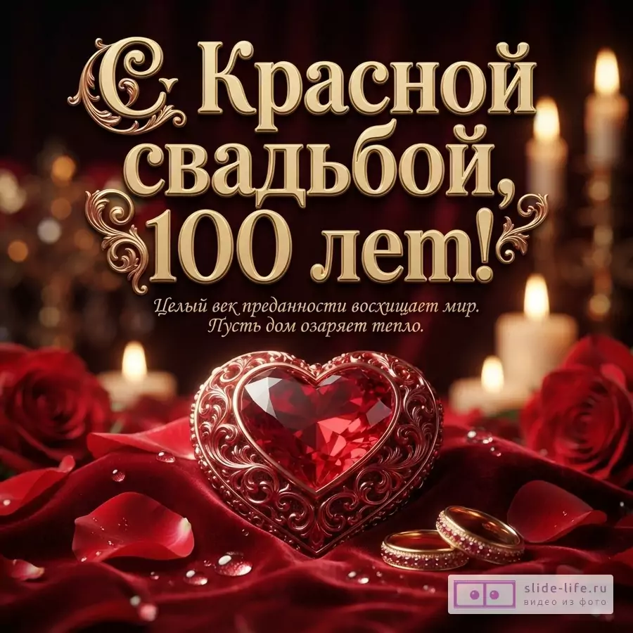 Рубиновое сердце в оправе, обручальные кольца, розы и свечи с надписью «С Красной свадьбой, 100 лет! Целый век преданности восхищает мир. Пусть дом озаряет тепло.» на бордовом шелке.