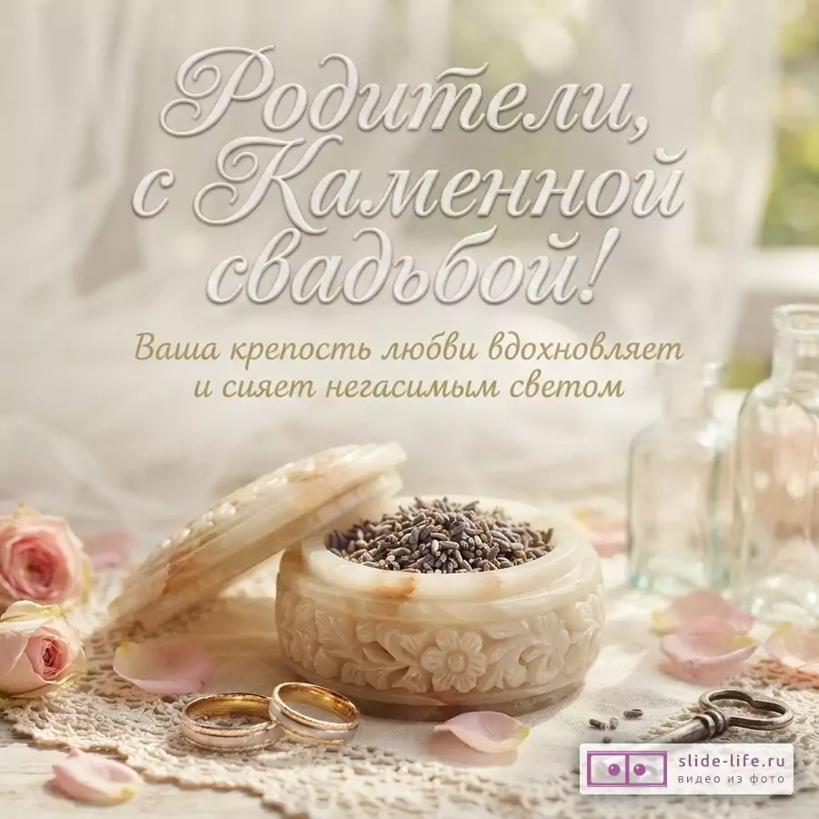 Бежевый фон, кружевная салфетка, две розы, лепестки, шкатулка с лавандой, два кольца, ключ, три бутылочки. Текст: «Родители, с Каменной свадьбой! Ваша крепость любви вдохновляет и сияет негасимым светом»