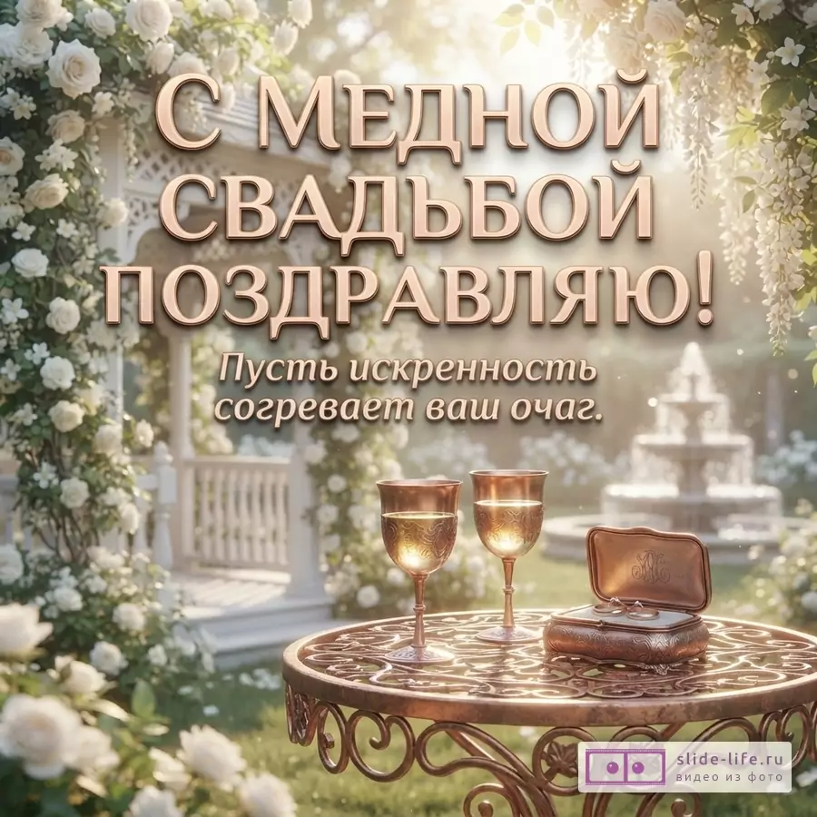 Открытка с Медной свадьбой. Фон светлый, с белыми розами и беседкой. На переднем плане медный столик с двумя бокалами и шкатулкой с кольцами. Текст: «С МЕДНОЙ СВАДЬБОЙ ПОЗДРАВЛЯЮ! Пусть искренность согревает ваш очаг.»