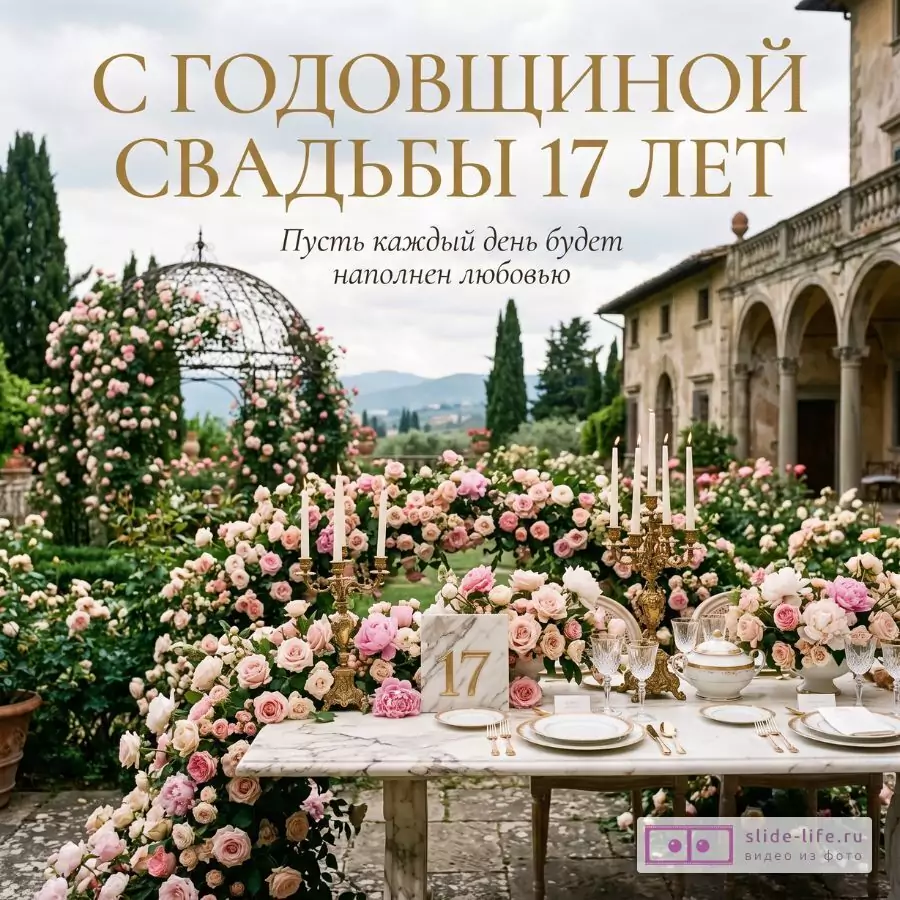 Праздничный сад с розовыми и белыми розами, мраморный стол, свечи и сервировка, светлый фон неба и каменной виллы. Текст: «С годовщиной свадьбы 17 лет», «Пусть каждый день будет наполнен любовью»