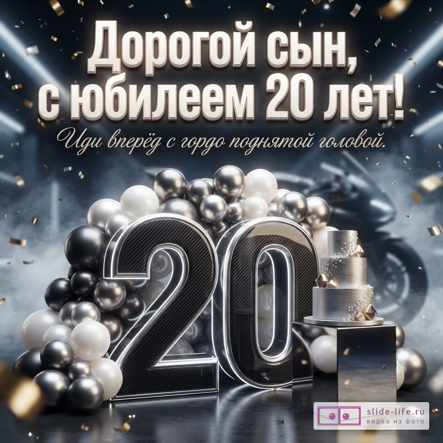 Объемная карбоновая цифра 20, серебряный торт и шары на фоне спортбайка с текстом «Дорогой сын, с юбилеем 20 лет! Иди вперёд с гордо поднятой головой.»