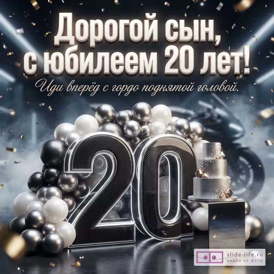 Объемная карбоновая цифра 20, серебряный торт и шары на фоне спортбайка с текстом «Дорогой сын, с юбилеем 20 лет! Иди вперёд с гордо поднятой головой.»