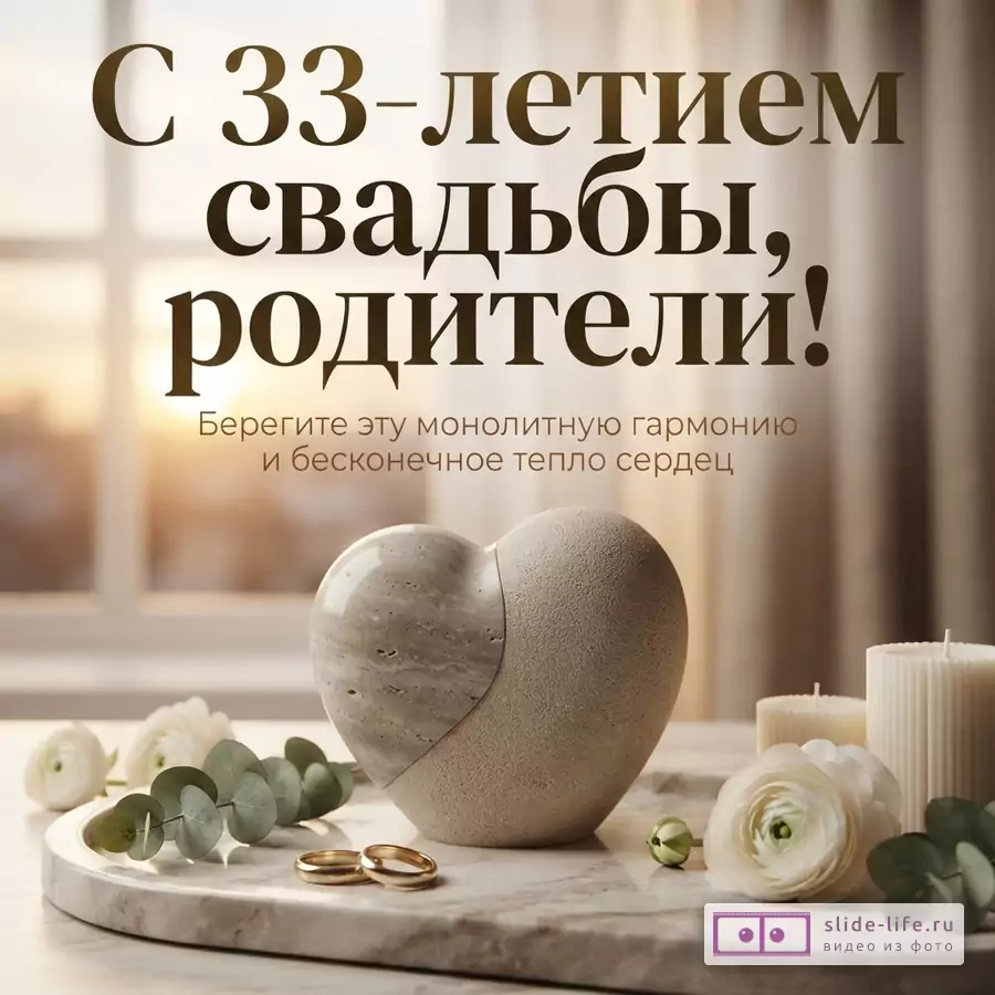 Открытка с бежевым фоном, на переднем плане мраморное сердце, обручальные кольца, свечи и цветы. Текст: «С 33-летием свадьбы, родители! Берегите эту монолитную гармонию и бесконечное тепло сердец»