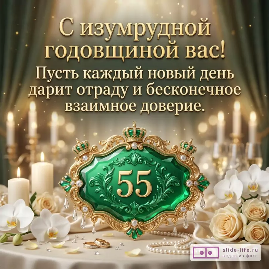 Открытка с зеленым и золотым фоном, свечами, белыми орхидеями, кремовыми розами, жемчугом, кольцами, изумрудной декоративной эмблемой с числом «55», текст «С изумрудной годовщиной вас! Пусть каждый новый день дарит отраду и бесконечное взаимное доверие.»