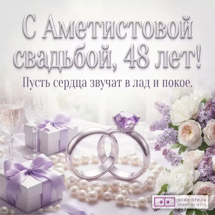 Светлый фон, обручальные кольца, аметистовый камень, жемчуг, букет цветов, бокалы, подарки. Текст: «С Аметистовой свадьбой, 48 лет! Пусть сердца звучат в лад и покое.»