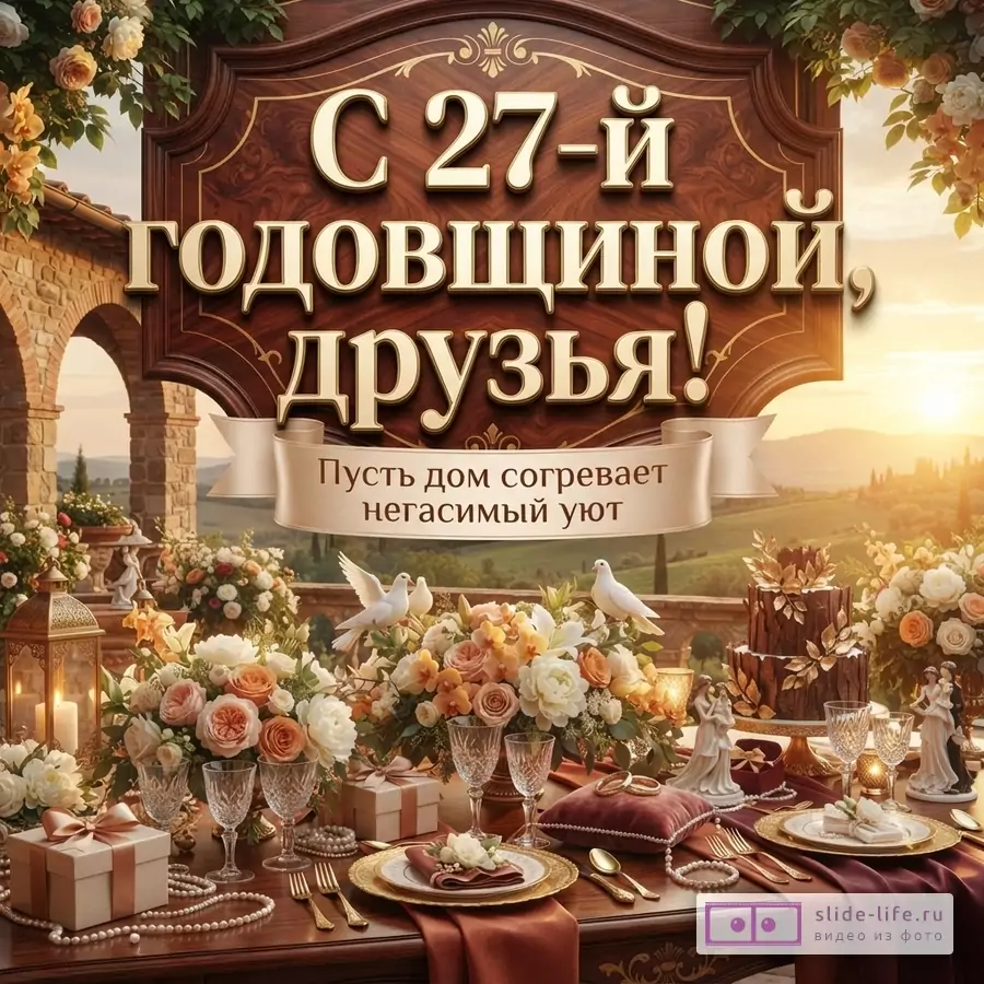 Праздничный стол на террасе с видом на закат, много цветов, свечи, торт. Над столом деревянная табличка с надписью «С 27-й годовщиной, друзья!». Ниже на ленте надпись «Пусть дом согревает негасимый уют».