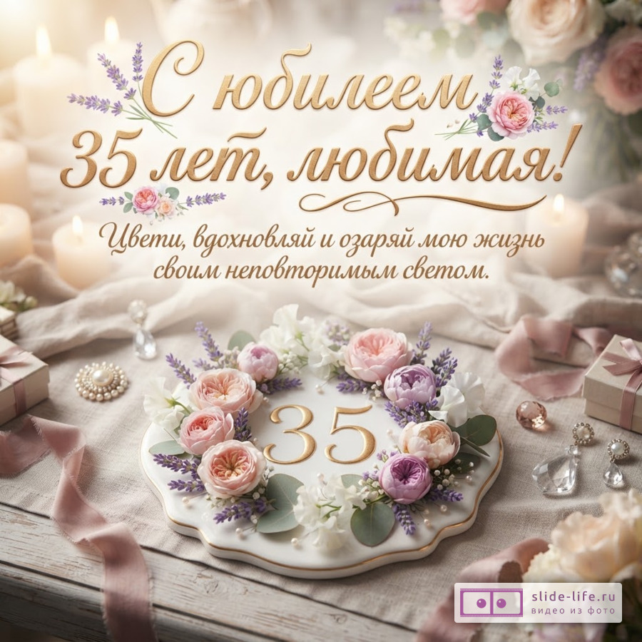 Фон бежевый, свечи, цветы, ленты. Надпись «С юбилеем 35 лет, любимая! Цвети, вдохновляй и озаряй мою жизнь своим неповторимым светом.»