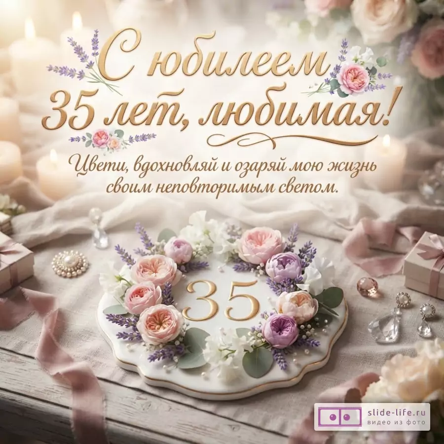Фон бежевый, свечи, цветы, ленты. Надпись «С юбилеем 35 лет, любимая! Цвети, вдохновляй и озаряй мою жизнь своим неповторимым светом.»